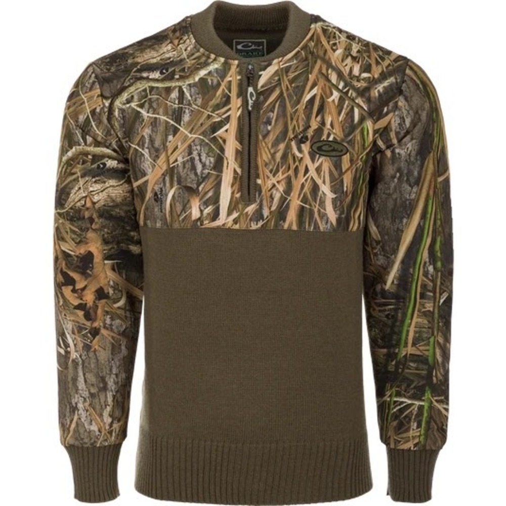 Drake Waterfowl Systems Camo 1/4 Zip Under Wader Sweater Wool Waxed Cotton Large